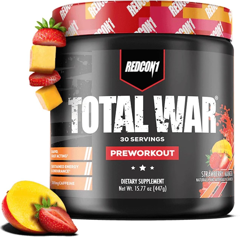 REDCON1 Total War Pre Workout, Strawberry Mango - L Citrulline, Malic Acid, Green Tea Leaf Extract for Pump Boosting Pre Workout for Women &amp; Men - 3.2g Beta Alanine to Reduce Exhaustion, 30 Servings
