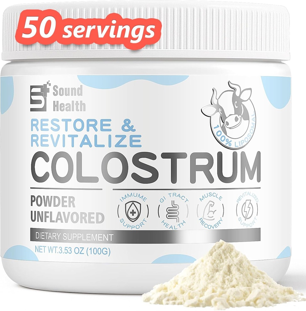 SoundHealth Colostrum Suplemento Polvo para Humanos - Suplemento de Colostrum de Bovino Orgánico para Salud Gut, Crecimiento del Cabello, Belleza y Apoyo Inmunitario - Desarrollado (146g)