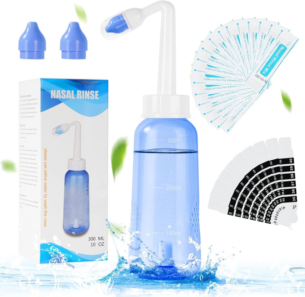 URAQT Neti Pot, Nasal Rinse Kit limpiador de la nariz, 300 ml Sinus Rinse Botella con 20 paquetes de sal de lavado de Nasal y 10 pegatina de termómetro, Presión Rinse riego nasal para adultos y niños BPA Gratis