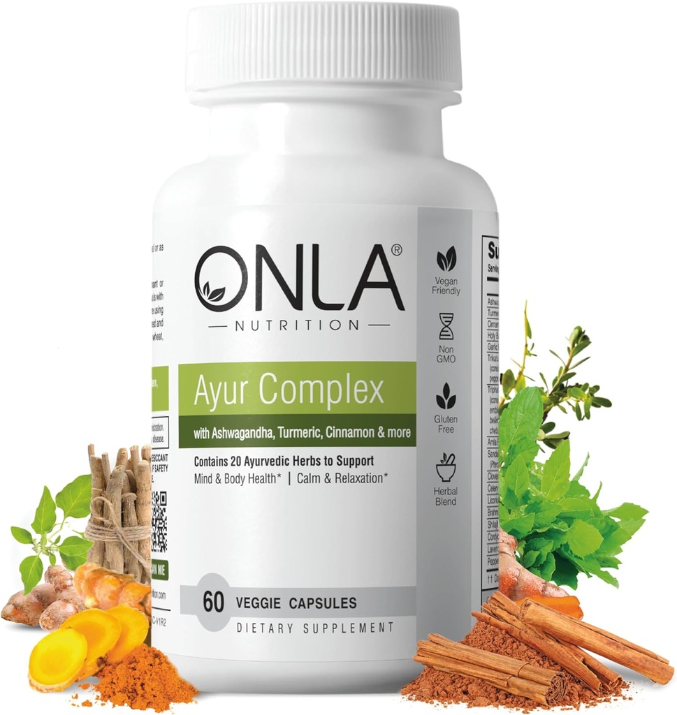 ONLA Vegan Ayurveda Herbal Supplements (20-in-1 Herbal Capsules) - Suplementos Turméricos con Ashwagandha, Cinnamon, Triphala, Brahmi - Ingredientes Naturales, Herbal Energy Supplements (60 Cap)