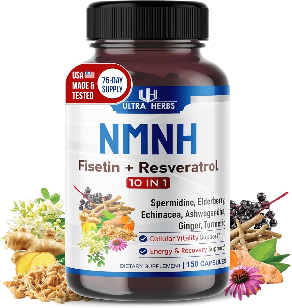 Ultra Herbs NMNH 10-in-1 – Fisetin, Resveratrol, Spermidine, Elderberry, Ashwagandha, Echinacea, Ginger, Turmeric – Healthy Aging & Vitality Support – 150 cápsulas – Made in USA
