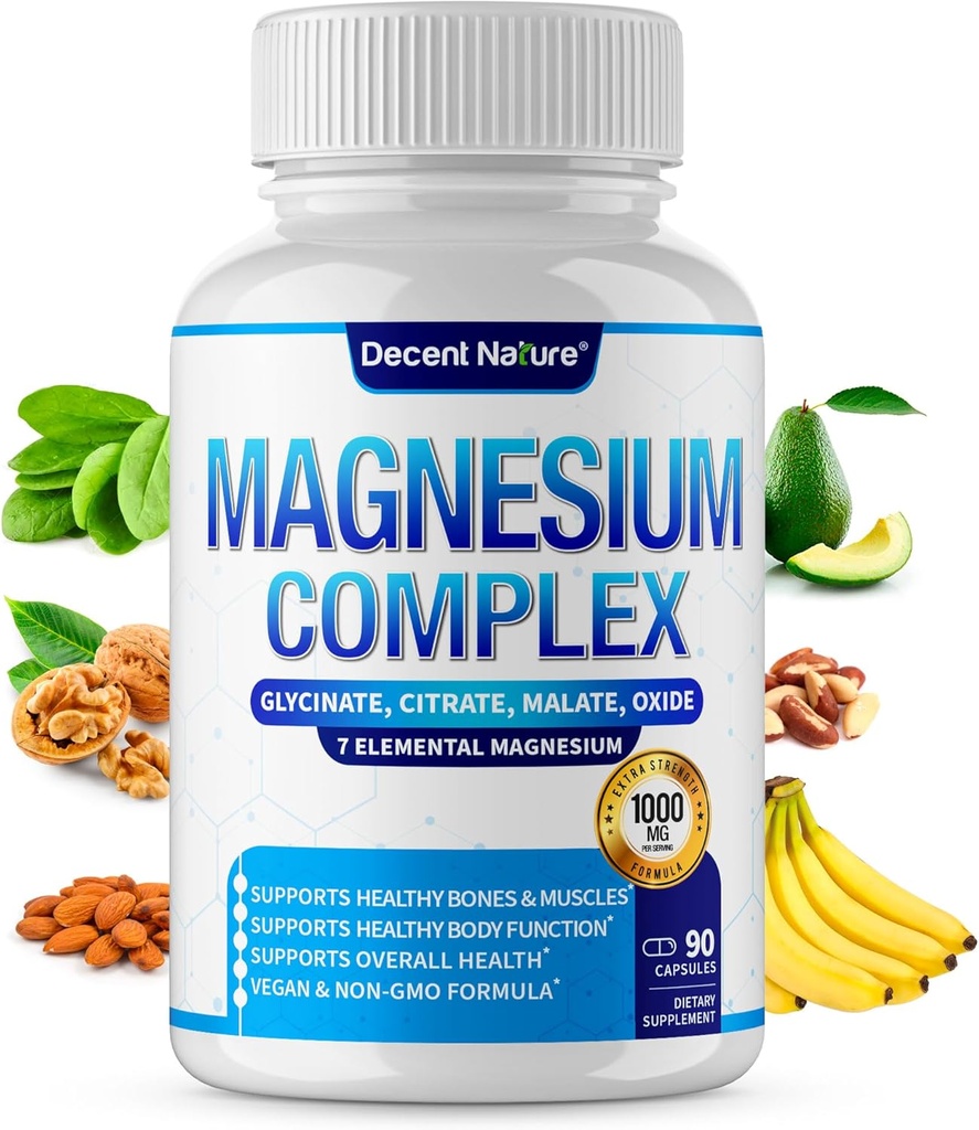 Magnesium Complex 7 Elemental Magnesium Supplement 1000mg – Magnesium Glycinate, Citrate, Malate, Taurate, Oxide, Aspartate, Orotate Non-GMO 90 Capsules