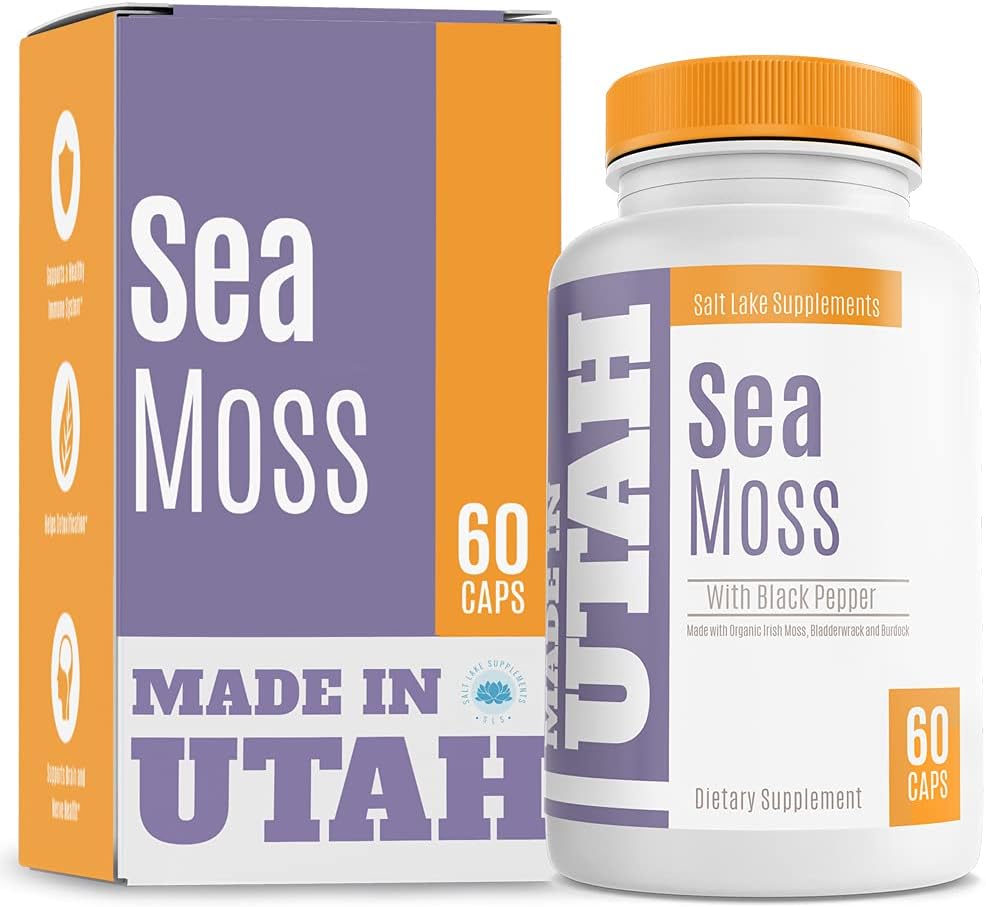 Moss de Mar Hecho con Moss Orgánico Irlandés, Bladderwrack y Burdock - Bioperina Añadido para la mejor biodisponibilidad y absorción, Immune Support &amp; Helps Detoxify - 60 Pullulan Capsules