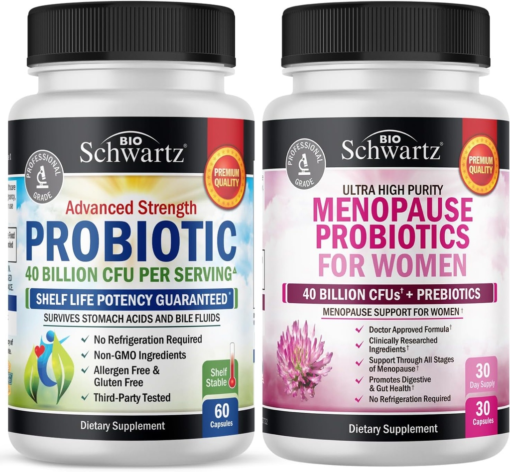 BioSchwartz Probiótico 40 Billones CFU 60 Cuenta + Probióticos de menopausia para Mujeres 30 Cuenta