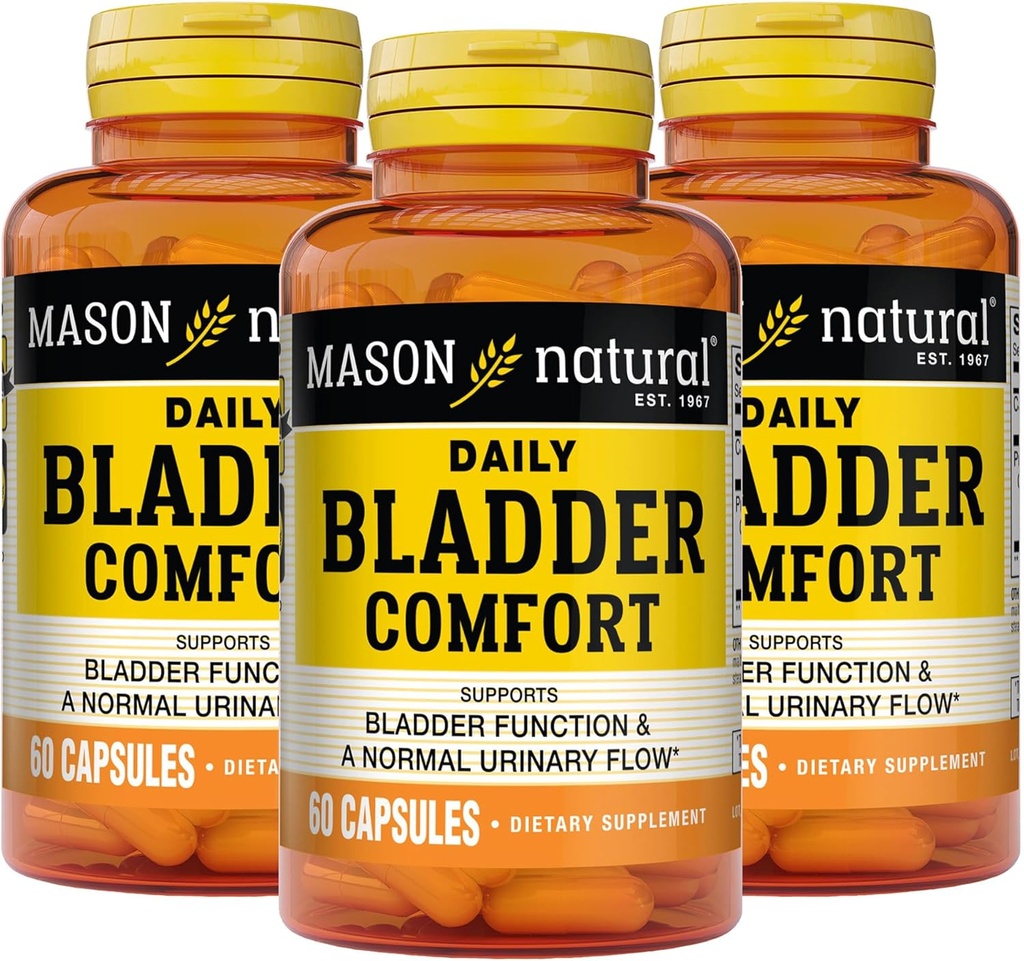 Mason Natural Daily Bladder Comfort, 30,Day Supply, con Calcio, Pumpkin Seed y Soy Germ para soportar la función normal de la vejiga, 60 cápsulas (Pack of 3)