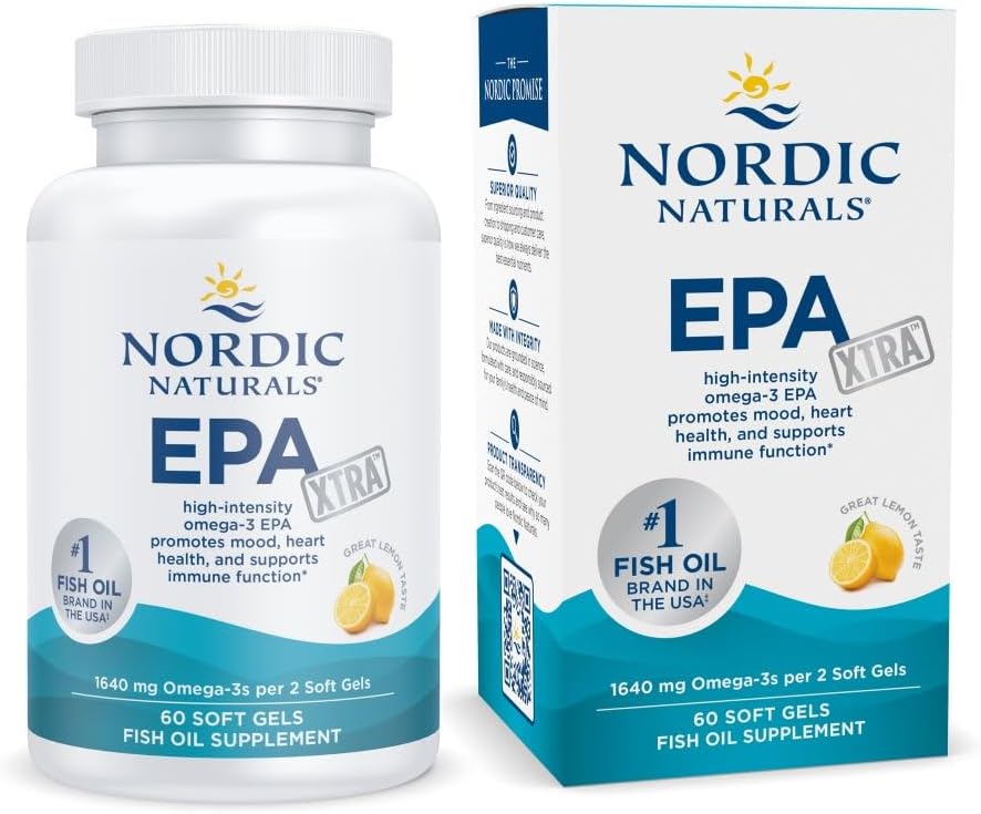 Naturales nórdicos EPA Xtra, Lemon - 60 geles blandos - 1640 mg Omega-3 - Fórmula de EPA de alta intensidad para el humor positivo, la salud cardíaca y la inmunidad saludable - No GMO - 30 servicios