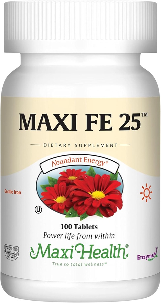 Maxi Health Iron Supplement for Women &amp; Hombre - Gentle Iron 25 mg for The Stomach - Non Constipating* Pills - Kosher - Non GMO - Vegetarian (100 Tablets)