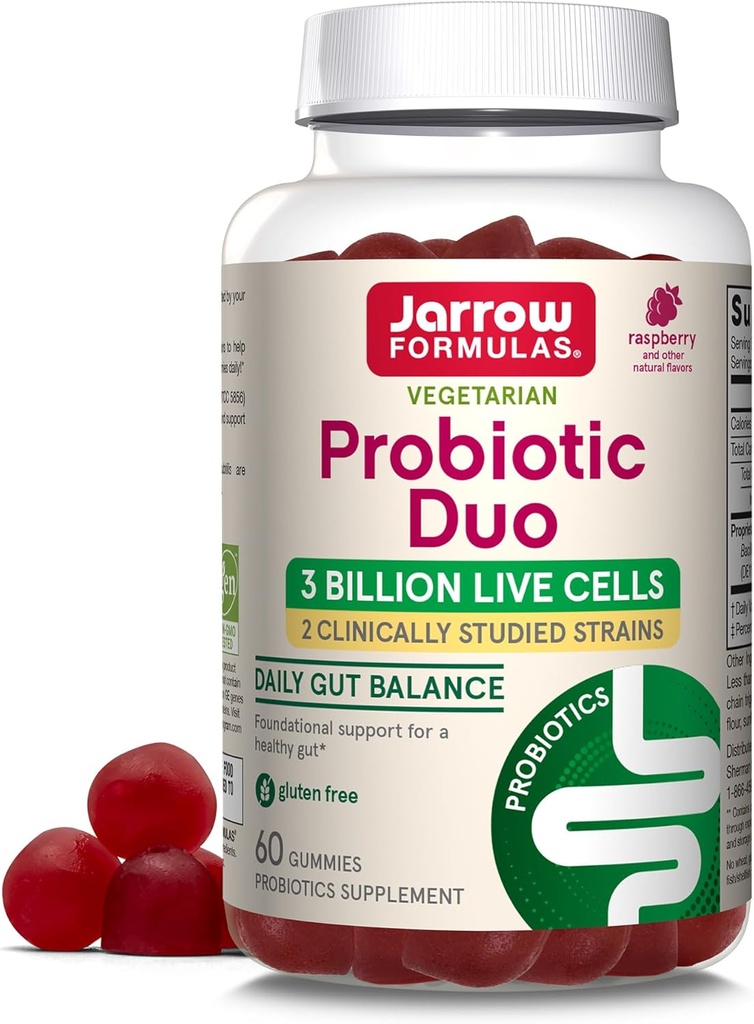 Jarrow Formulas® Probiotic Duo, 3 Billion Live Cells Suplemento para Immune Health and Digestive Support, 60 Raspberry Flavor Probiotic Gummies, 30 Day Supply