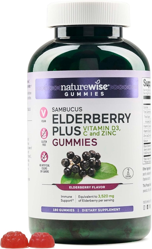 NatureWise Sambucus Elderberry Gummies - Immune Support Supplement for Kids Ages 4+ " Adults with Vitamin C, D3, Zinc - Elderberries Equivalente a 3520mg - Vegan, Non-GMO - 180 Conde[90-Day Supply]
