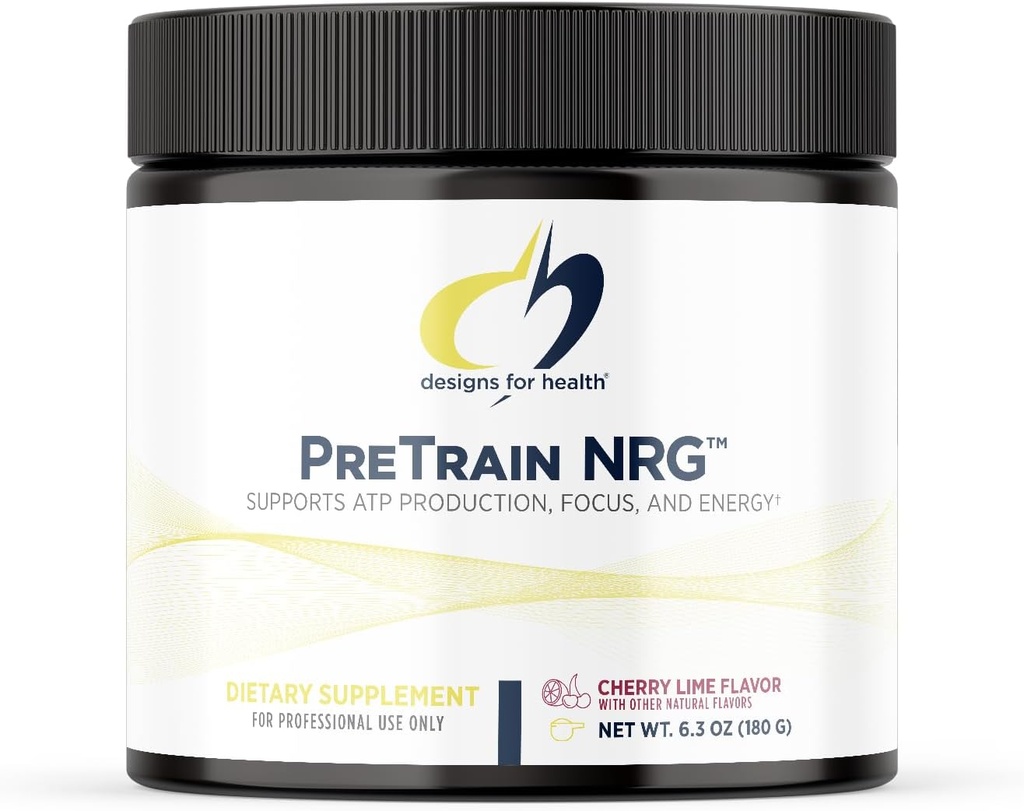 Diseños para la salud PreTrain NRG Drink Mix - Pre-Workout Powder with Creatine + Green Coffee - Supports Focus, Power + Mental Energy in Athletes - None-GMO, Cherry Lime Flavor (20 Servings / 180g)