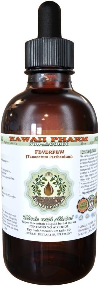 Feverfew Alcohol-Free Liquid Extract, Organic Feverfew (Tanacetum parthenium) Dried Herb Glycerite Hawaii Pharm Natural Herbal Suplemento 4 oz