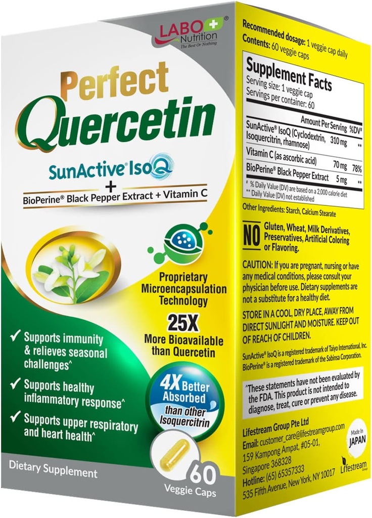 LABO Nutrition Perfect Quercetin SunActive IsoQ Bioflavonoids, Vitamin C, 25x More Bioavailable, for Immune, Allergy, Sinus Relief, and Cardiovascular Support - Healthy Inflammation Response - 60s