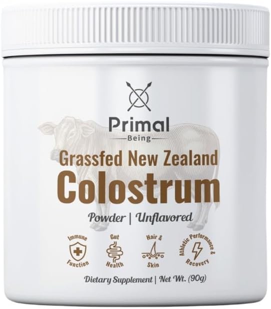 Primal Ser Grasfed Beef Colostrum - Apoyos Función Inmunitaria, Salud Gut, Pelo, Anti-Aging, Rendimiento Atlético, Recuperación - 90 Gramos Polvo Desarmado, 3000 mg por Serving