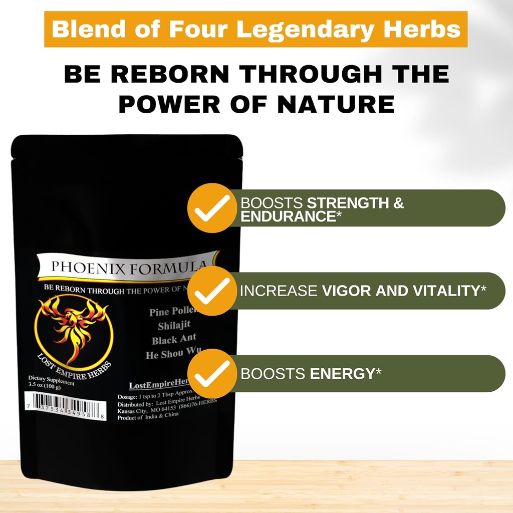 Fórmula de Rejuvenecimiento Fénix - Lost Empire Herbs Energy Blend of 4 Top Natural Health Herbs Pine Pollen, He Shou Wu, Ant, and Shilajit (100g Powder)
