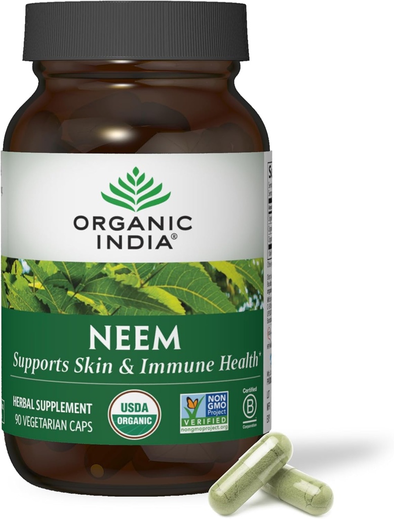 ORGANIC INDIA Neem Leaf Capsules - Suplemento herbario, soporta Skin &amp; Immune Health, Vegan, Gluten Free, USDA Certified Organic - 90 Count