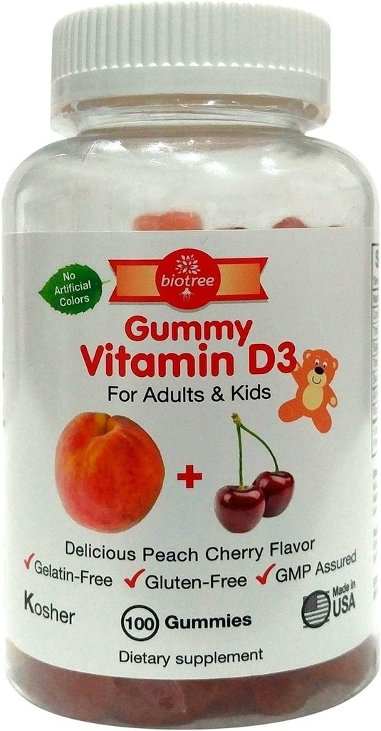 BioTree Labs Vitamina D Gummy Bears - Pack of 100, for Adults &amp; Kids ¦ Peach " Cherry Flavored Chewable Vitamin D3 ← Ideal para huesos saludables, dientes, sistema inmunológico, cerebro y sistema nervioso