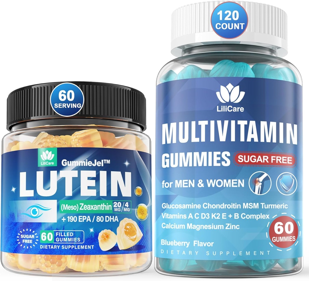 Luteína sin azúcar 20mg Zeaxanthin Ojo Vitaminas Mangas llenas con EPA 190mg &amp; DHA 80mg + Multivitamina con Glucosamina Condroitina MSM para Apoyo Inmuno, Hombres &amp; Mujeres - (Pack de 2)