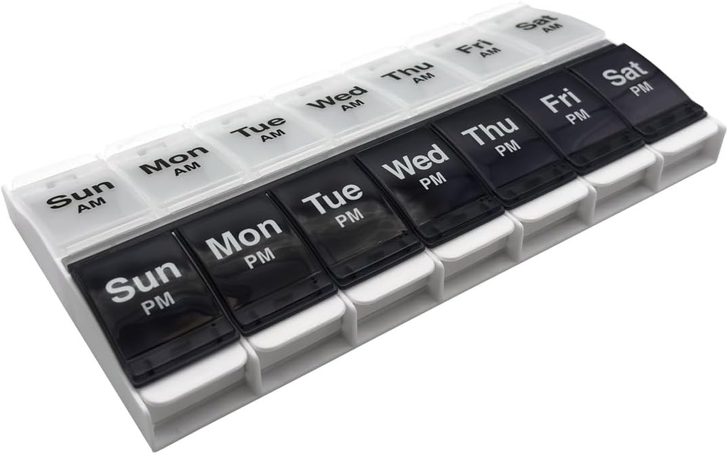 EZY DOSE Push Button (7-Day) Pill Case, Medicine Planner, Vitamin Organizer, 2 Times a Day AM/PM Container, X-Large Compartments, Arthritis Friendly, Effortless Open, Clear Lids, Blue/White, BPA Free