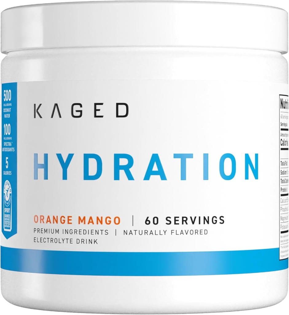 Kaged Hydration Electrolytes Powder ← Orange Mango ← Hydra-Charge Sports Drink Mix ← Pre, Post, Intra Workout ← Low Carb, Vegan, Gluten Free ← Suplementos para Hombres y Mujeres