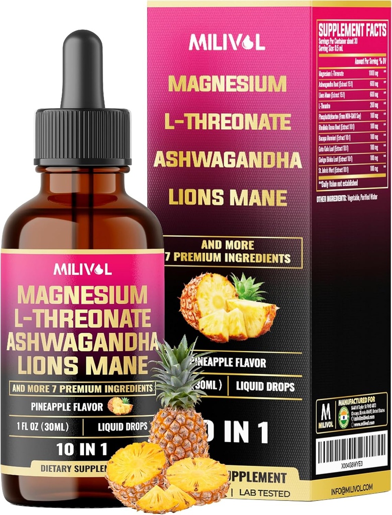 10in1 Magnesium L-Threonate Liquid Drops with Ashwagadha, Lions Mane & 7 Más Herbals - 1 Fl Oz - Pineapple Flavor