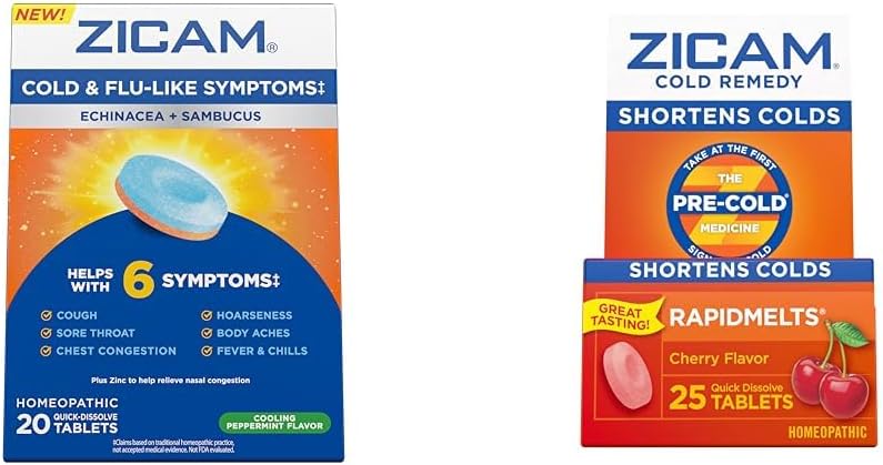 Zicam Cold &amp; Flu Symptoms 20 Tablets Cold Remedy Zinc Rapidmelts 25 Contar Bundles Homeopáticos Cold Shortening