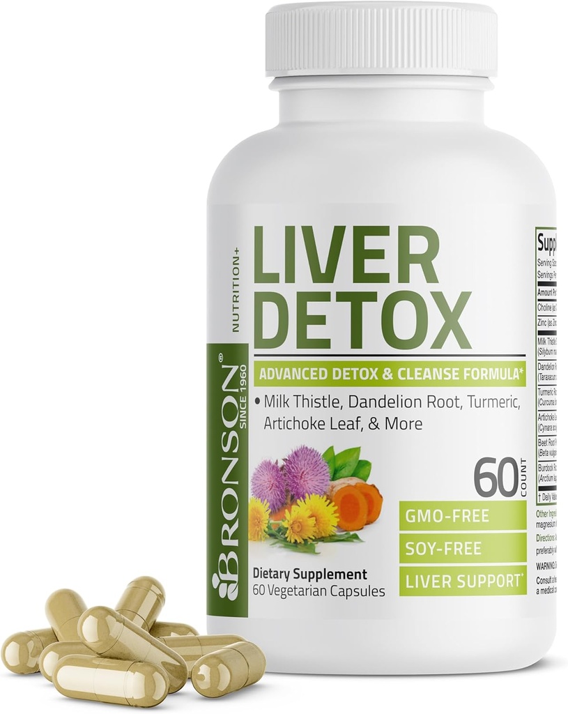 Bronson Liver Detox Advanced Detox &amp; Cleansing Formula Supports Health Liver Function with Milk Thistle, Dandelion Root, Turmeric, Artichoke Leaf &amp; More, Non-GMO, 60 Vegetarian Capsules