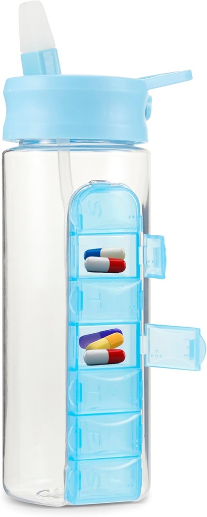 MARS WELLNESS 24 Unce Water Bottle with Slideout Pill Box, Daily Organizer - 7 Day Medicine Holder, Easy Slide Out Pill Container, Popup Straw for Hydration
