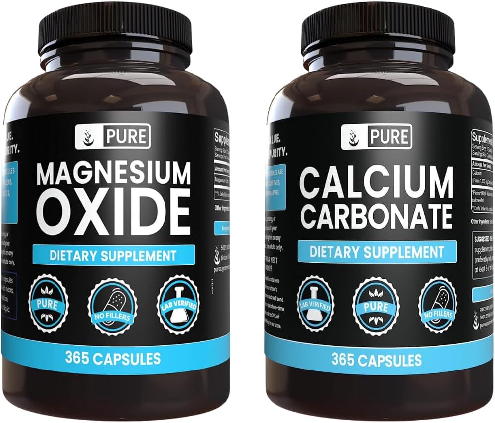 Pure Original Ingredients Calcium Carbonate and Magnesium Oxide Bundle, 365 Capsules Each, No Fillers, Alwasy Pure