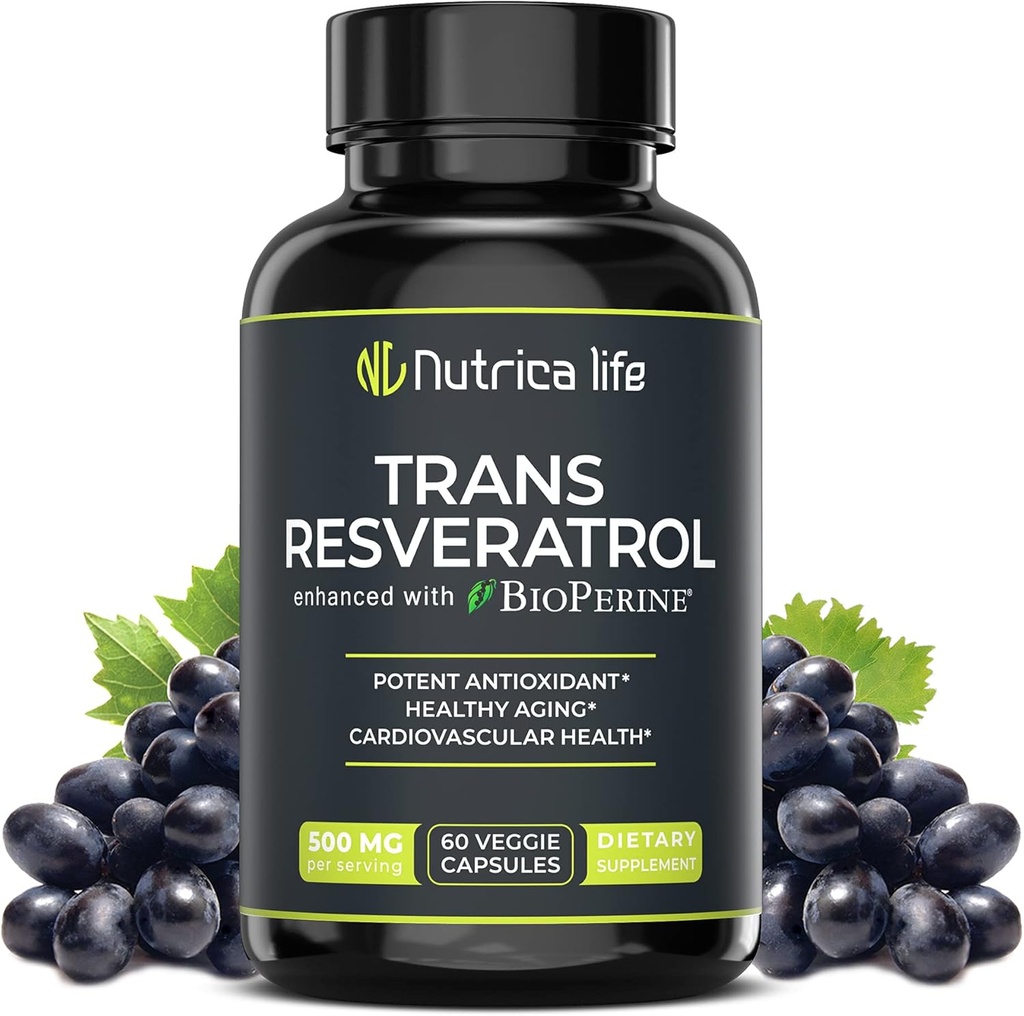 Trans Resveratrol Suplemento 500mg Potent Anti Aging Fórmula, potente antioxidante para la salud celular del corazón, suplementos de Booster cerebral con bioperina, 60 cápsulas veganas