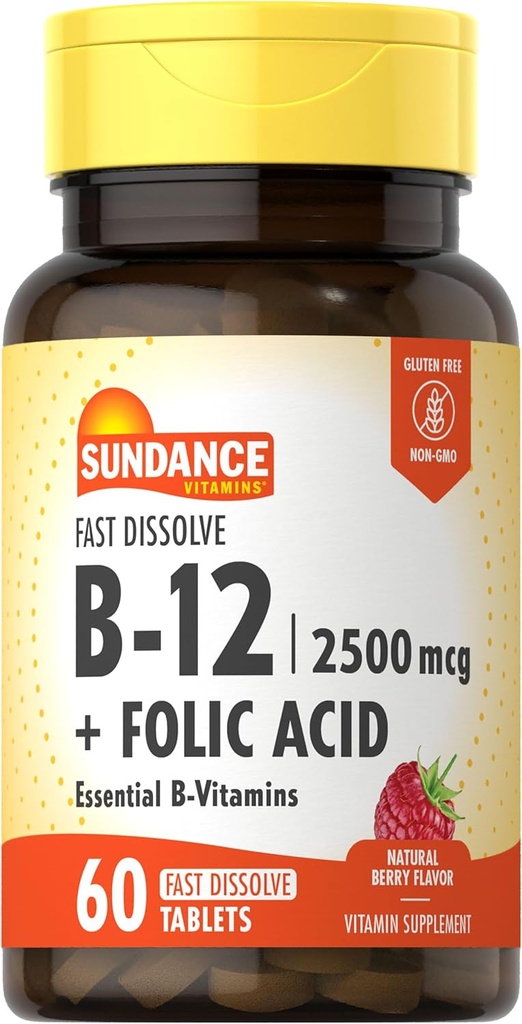 Sundance Fast Dissolve Vitamina B-12 Silencio con ácido fólico Silencioso 2500mcg Silencio 60 Conde Silencio Natural Berry Flavor Silencio Vegetariano, No GMO, y Gluten Suplemento Libre
