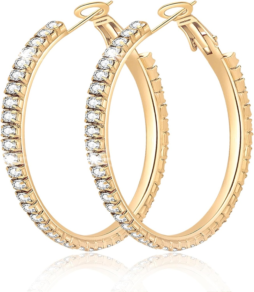 Big Large 925 Sterling Silver Hoop Earrings For Women Pave Crystal 14k Plated Gold Hoops Earring for Womens Thin Sparkly Cubic Zirconia Statement Rhinestone Jewelry Non Tarnish Hypoallergenic