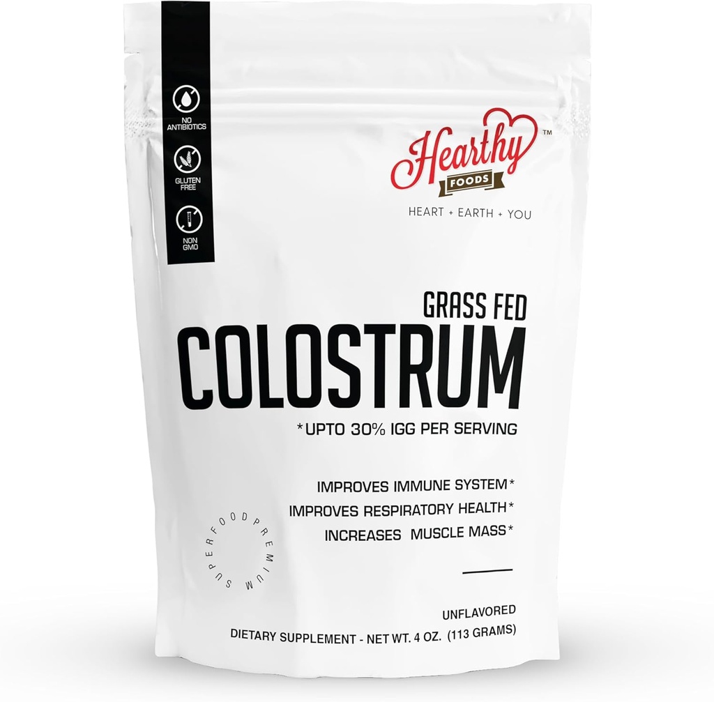 HEARTHY FOODS Pure Bovine Colostrum Powder 4oz 113g - Hasta el 30% IGG, 22 Servings (5g per seving), Leaky Gut Reparación Suplementos, Gut Health y Immune Apoyo.