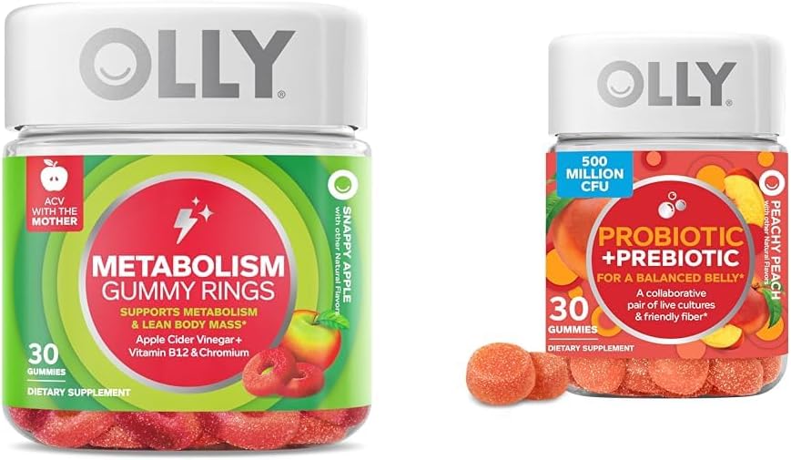 OLLY Metabolism Gummy Rings, Apple Sider Vinegar, Vitamina B12, Cromo &amp; Probiótico + Prebiótico Gummy, Apoyo Digestivo y Gut Health, 500 millones de UF, Fibra