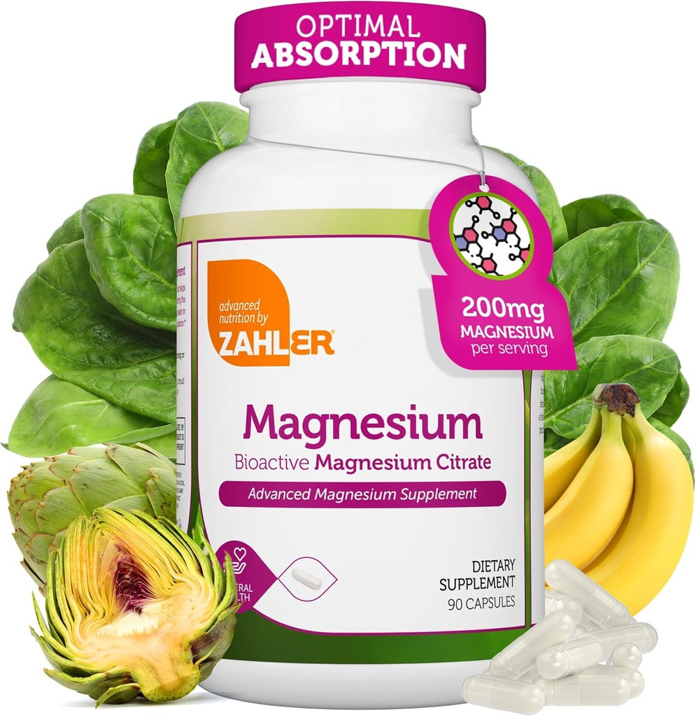 Zahler - Suplemento de Magnesio cápsulas 200 mg (90 Conde) Certificado Kosher Citrato de Magnesio Bioactivo para Max Absorción - Magnesio Natural Mineral para Mujeres - Mejores Suplementos de Magnesio