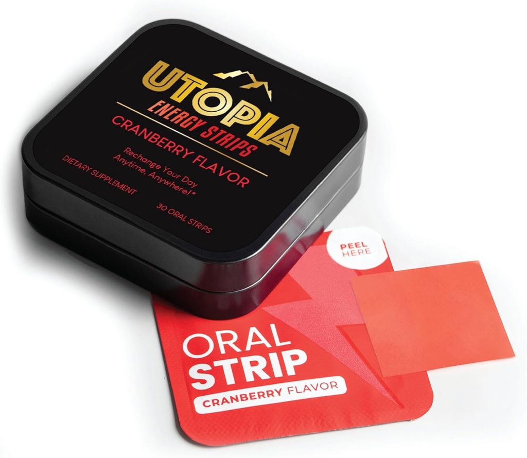 Fajas de energía con Vitamina B12 &amp; L Theanine, Natural 50mg Caffeine for Energy Boost, Sabor de arándano, Oral Strip (30 conteo)