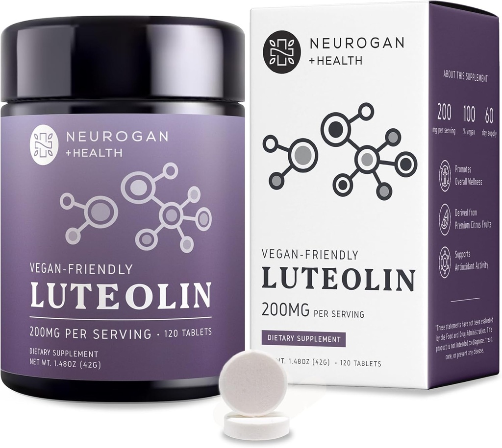Suplemento de Luteolina Neurogan Tablas - 200 MG, 120 Ct - Bioflavonoides Naturales Suplementos para Celular " Salud Cerebro, Apoyo Inmunitario - Flavonoides de base vegetal, Suplemento de polifenoles para Hombres " Mujeres