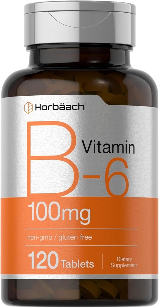 Horbaach Vitamina B6 100mg tención 120 Tablas Vegetarianas Pyridoxina HCl Silencio No GMO &amp; Gluten Suplemento Gratis