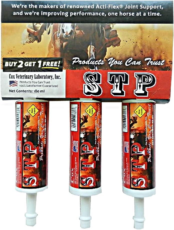 Sabor Oral STP para Caballos. Ayuda a aliviar el dolor y la inflamación. Muy Palatable. Ingredientes seguros, naturales. Sencilla jeringa. Tres patas. Suministro de 18 días. Hecho en EE.UU.
