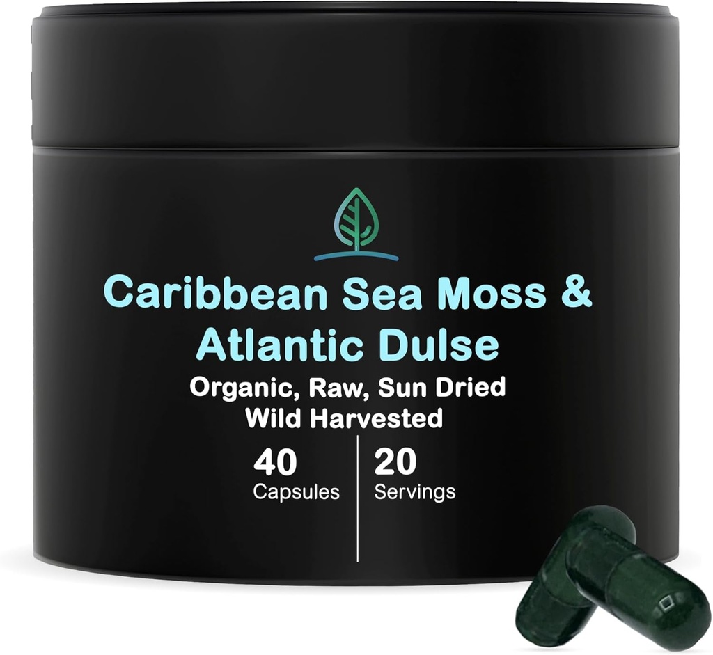 Holistic Bin Organic Sea Moss Capsules 100% Puro Caribbean Sea Moss + Dulse Seaweed ← Wild Harvested ← No Fillers TEN Rich in Antioxidants, Minerals, and Iodine (40 Capsules)