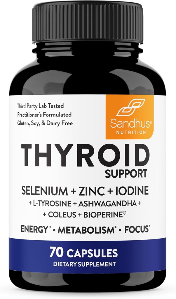 Complejo de apoyo a los tiroides de Sandhu con Selenium, Zinc, Iodine, L Tyrosine, Ashwagandha ← Puro Health Supplement for Women &amp; Men TEN70 Count, 35 Days Supply