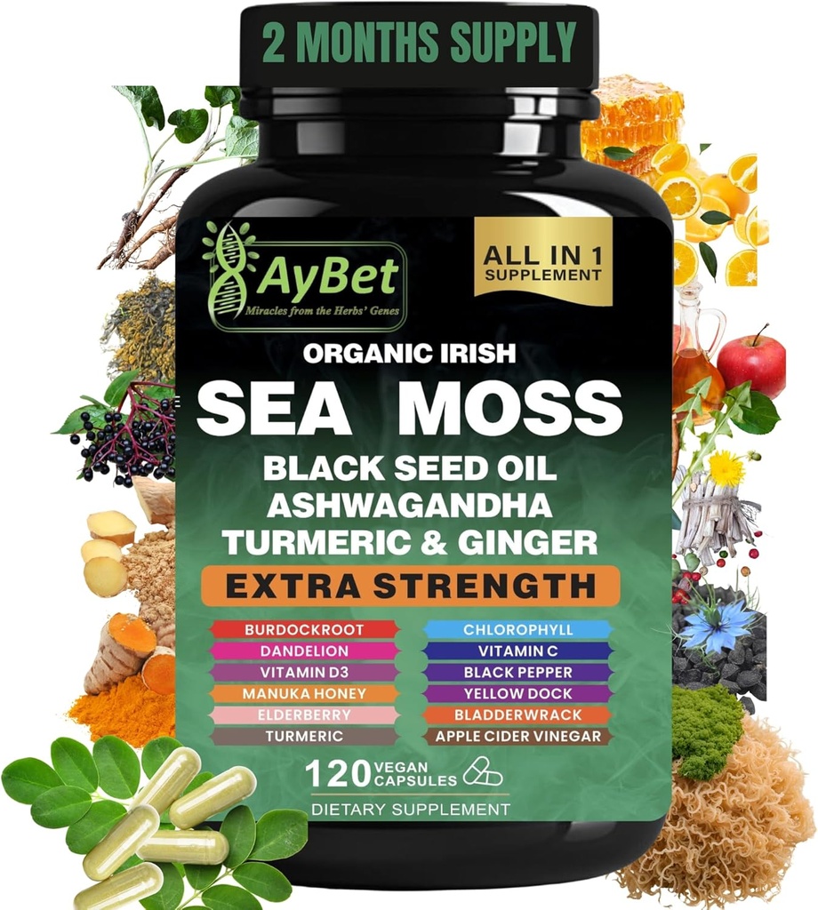 Organic Irish Sea Moss, Black Seed Oil, Ashwagandha, Turmeric,Ginger Capsule, Bladderwrack, Burdock, VIT C pacienteVIT D3, Elderberry, Manuka Honey, Dandelion, Yellow Dock, Apple Cider Vinegar, Halal, Vegan