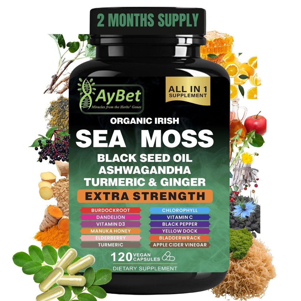 Organic Irish Sea Moss, Black Seed Oil, Ashwagandha, Turmeric,Ginger Capsule, Bladderwrack, Burdock, VIT C pacienteVIT D3, Elderberry, Manuka Honey, Dandelion, Yellow Dock, Apple Cider Vinegar, Halal, Vegan