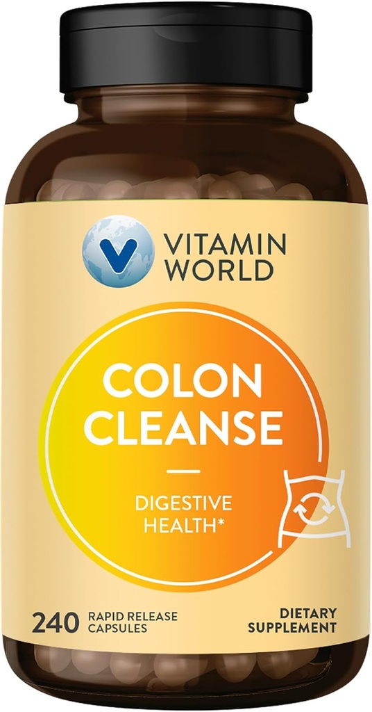 Vitamina World Colon Cleanse - 240 cápsulas, Gut Detox con Psyllium Husk, Senna, Probióticos, Fibra dietética &amp; Herbal Blend – Apoya el alivio del estreñimiento, Salud Digestiva & regularidad, Gluten-Free