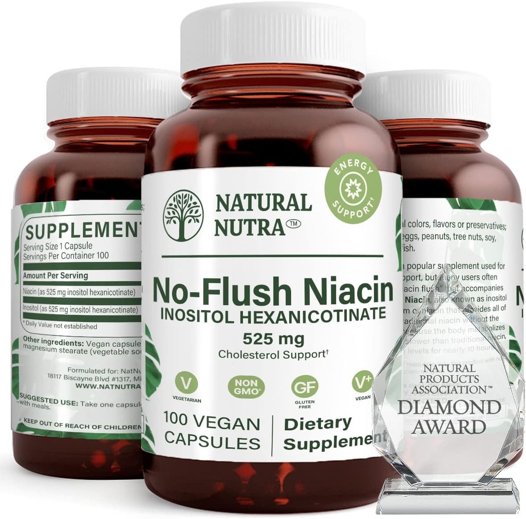 Nutra natural No Flush Niacin, Suplemento de vitamina B3, ayuda a mejorar la salud cardiovascular, ayuda a mejorar la textura de la piel, promueve una mejor función cerebral, ayuda a aumentar el nivel de energía 525 mg, 100 cápsulas