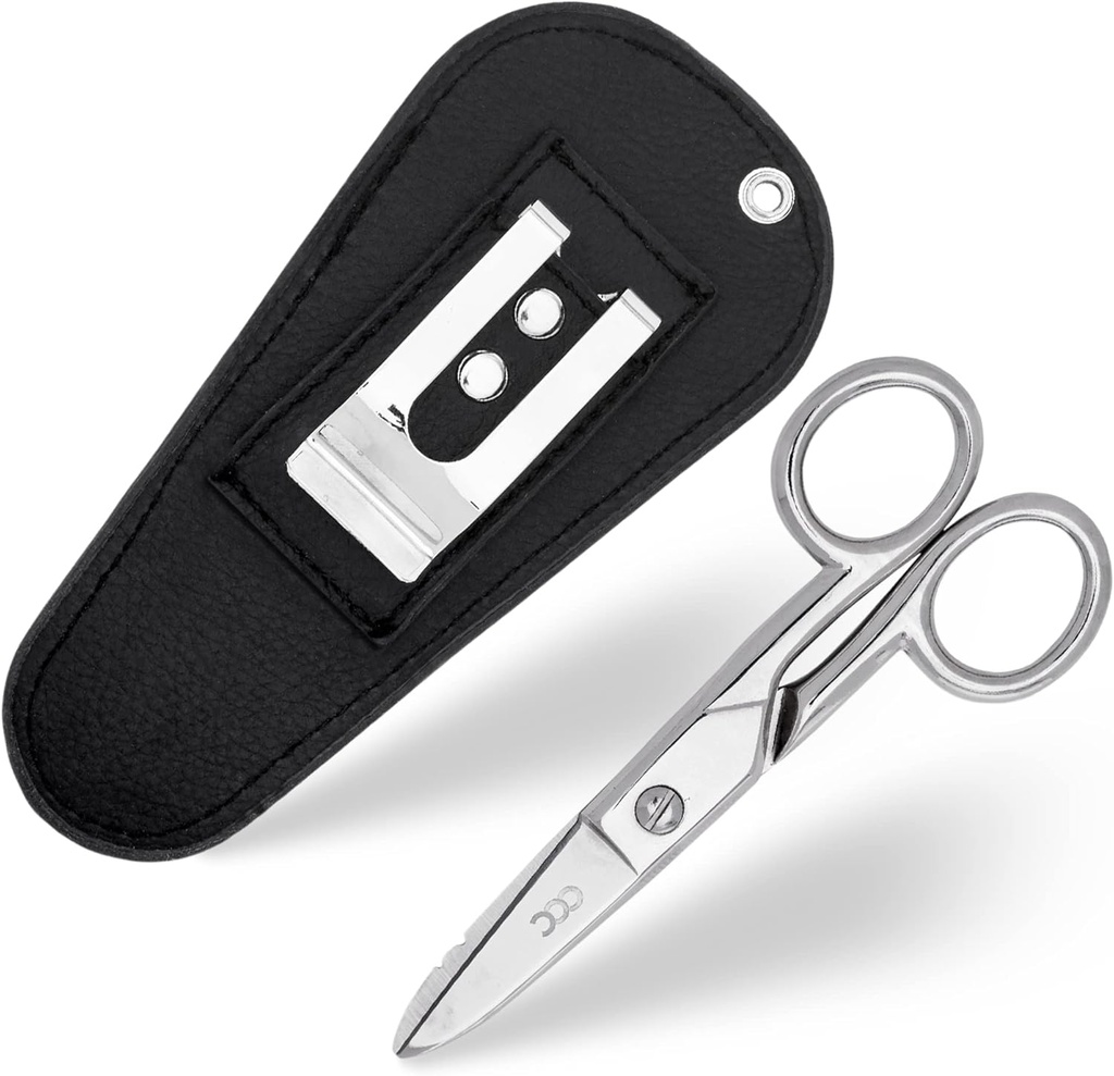 Multi Purpose Electrician Scissors With Leather Carrying Pouch - Heavy Duty Stainless Steel Electrical Shears With Stripping Notches, File & Scraper - Our Snips Are For Right & Left Handed Use – Black