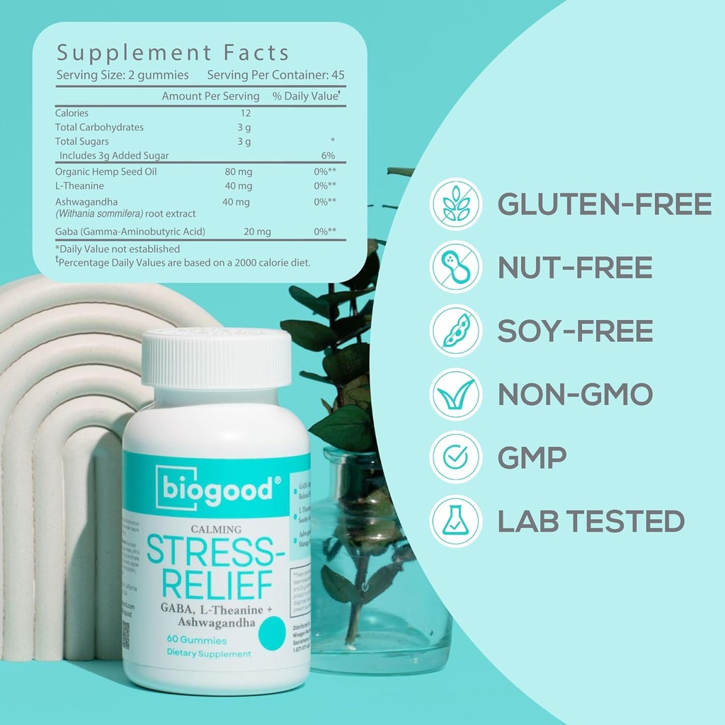 Stress-Relief con Ashwagandha + L-Theanine, GABA ← Daily Dose, 60 Gummies