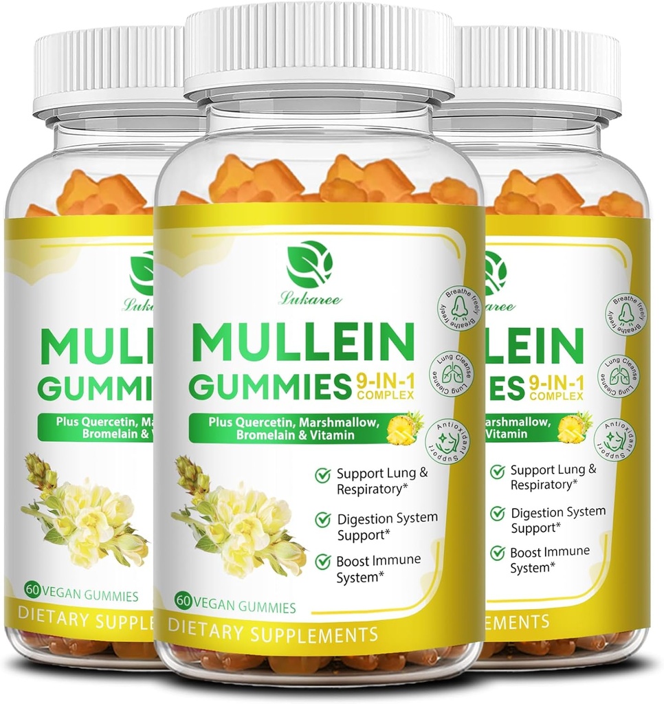 (3 Pack) 9 in 1 Mullein Gummies for Lung Cleanse " Detox, Extra Strength Mullein Leaf Extract w/Quercetin, Bromelain, Elderberry " Marshmallow for Respiratory, Immune " Digestive, Vegan,180 Count