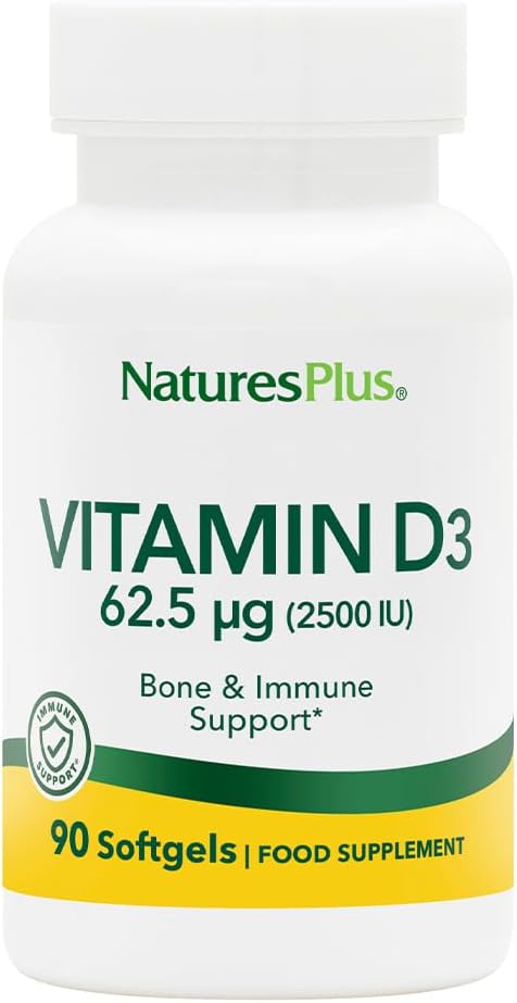 NaturesPlus Vitamin D3 (Cholecalciferol) - 2500 iu, 90 Softgels - Bone Health, Heart Health &amp; Immune System Support Supplement, Bioavailable Active Form - Gluten-Free - 90 Servings