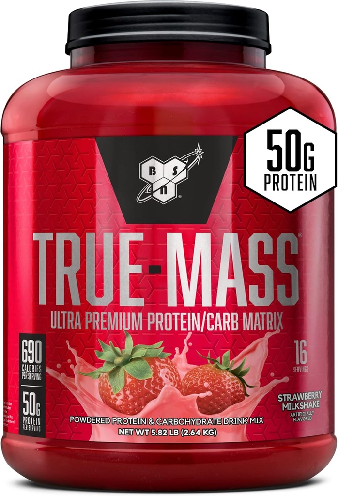 BSN TRUE-MASS Weight Gainer, Muscle Mass Gainer Protein Powder, Strawberry Milkshake, 5.82 libras