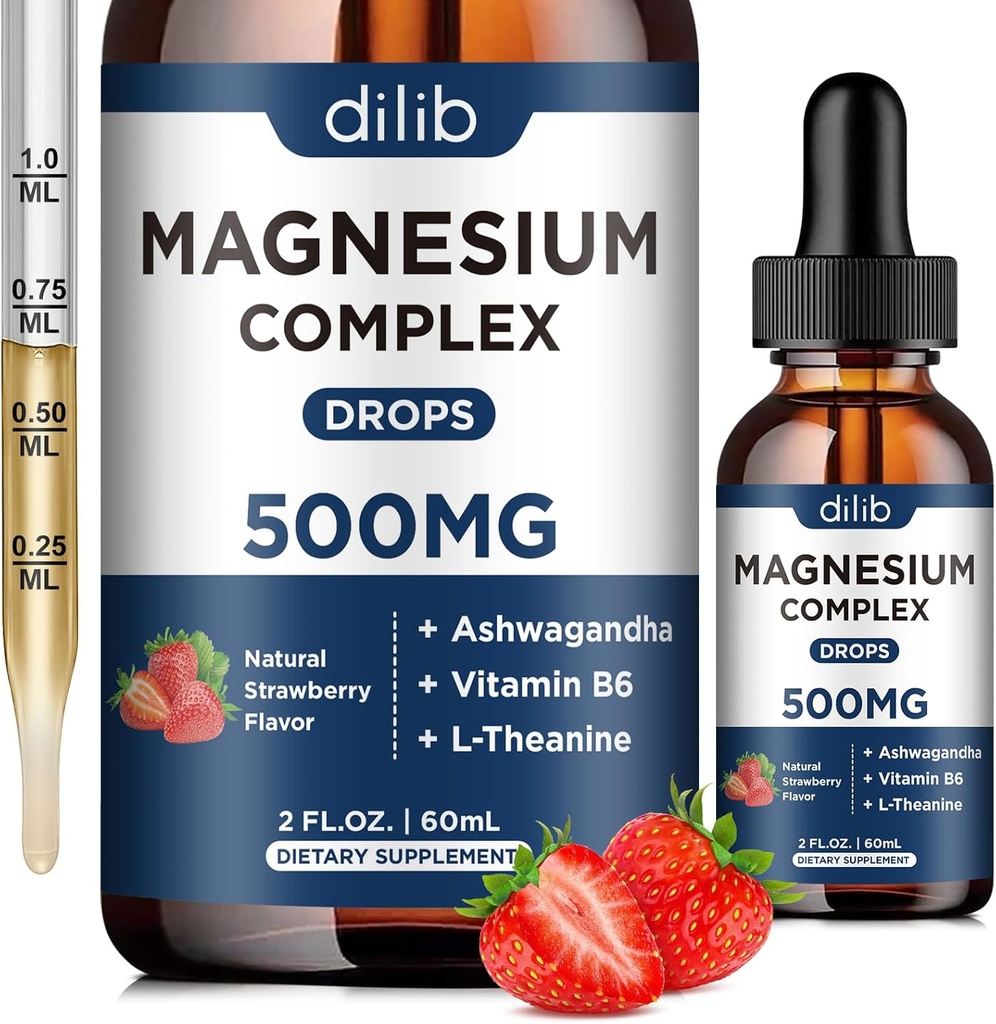 Triple Magnesio Complejo Suplemento-Magnesium Glycinate, Citrato, Malate Liquid Drops 500mg con Ashwagandha, L-Theanine, Vitamina B6 para Stress Relief, Sleep, Muscle Support-Strawberry Flavor